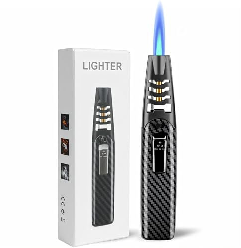 ZQMW Stabfeuerzeug Groß Jetflamme Feuerzeug Einstellbare Flamme Winddicht Langes Sturmfeuerzeug Gas Nachfüllbar Kaminfeuerzeug mit Sicherheitssperre für Kerzen,Desserts,Grill,Küche, Camping(Ohne Gas)