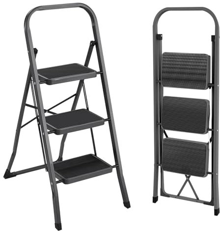 MEETOZ 3 Step Ladder, 3 Step Stool for Adults, Portable Folding Step Ladder with Handgrip, Multi-use Steel Ladder for Household and Office (Black)