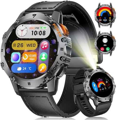 LIGE Smartwatch Herren Militär,Taschenlampe/1.43 AMOLED Sportuhr mit 500 mAh Akku/Telefonfunktion, 110+Sportmodi, IP68 Wasserdicht Smartwatch mit Herzfrequenz/Schlafmonitor für Android iOS,Leder