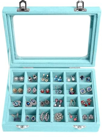 BASUWELL 24 Grid Velvet Jewelry Tray for Drawers Glass Clear Lid Showcase Display Storage Ring Trays Holder Earrings Organizer Case (Blue)