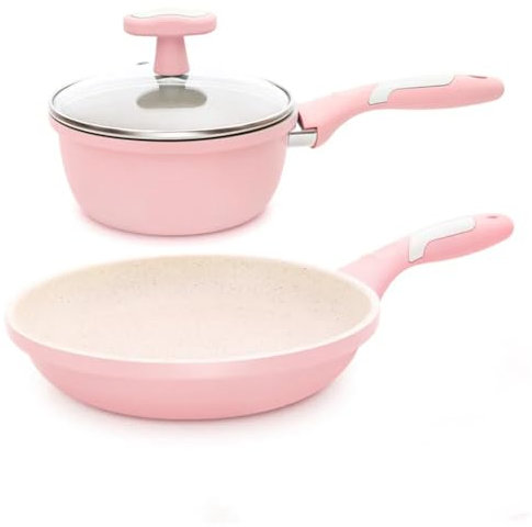 Juego de sartenes antiadherentes para sopa de piedra para cocina, cacerola para leche con tapa con asa, juego de utensilios de cocina, juego de utensilios de cocina rosa 1, uno