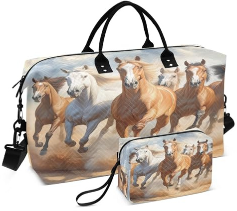 Burbuja Travel Duffel Bag for Women, Running Horses Weekender Overnight Bag Shoulder Carry On Tote Bag with Trolley Sleeve, Gym Bag with Toiletry Bag, Large Size