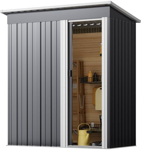 XEMQENER 5x2.5 FT Metal Garden Shed With Sliding Door and Roof - Waterproof Galvanized Steel Storage for Tools and Equipment, 153x77x182cm, Black