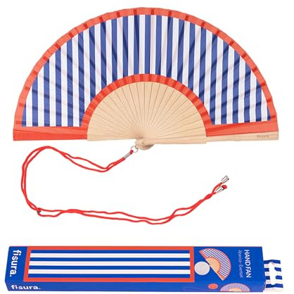 Fisura – Handfächer aus Holz mit gestreiftem Design in Blau und Rot. Trendiges, modernes Accessoire, tragbarer Handventilator mit praktischem Aufhänger. Perfekt für heiße Tage. Maße: 42,5 x 23 cm