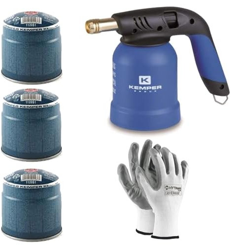 Lampada Per Saldare Cannello Accendi Fuoco Kemper + 3 Bombole Gas Butano Sicuro + Guanti Omaggio