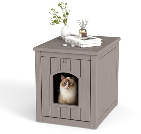 VIXZEN Outdoor Cat House Weatherproof, Gray | Multi-Functional Side Table Design, Clawsable, Durable Resin Material, Spacious Interior Tool-Free Assembly