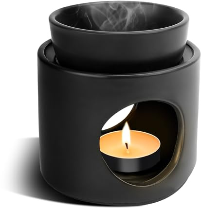 Brucia Essenze in Ceramica | Bruciatore Oli Essenziali & Porta Profumi da Camera | Diffusore con Ciotola Rimovibile Nero Opaco (H11xØ10cm) - Design Elegante