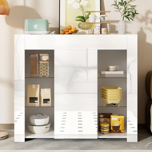 Refined Buffet Moderno con Frente Brillante solución de Almacenamiento compacta y Elegante con estantes de Cristal y Puerta de Armario para salón, Comedor o Cocina (Blanco)