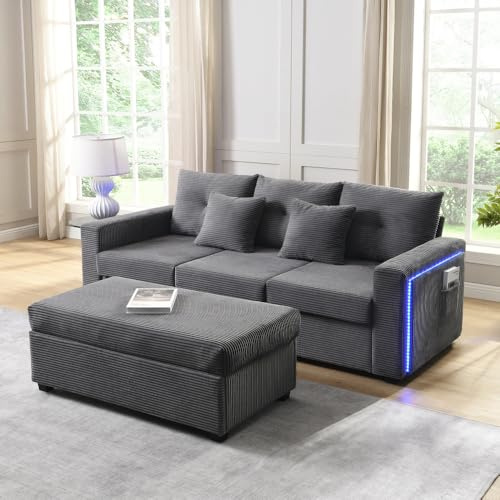Sapgaks Canapé d'angle Convertible LED avec Une Sensation d'assise à Un Nuage,canapé 3 Places Relax avec Pouf Amovible surdimensionné, canapé 3 Places Tissu de L mobilier de Salon,Gris Antique