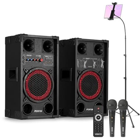 Fenton SPK-108 Bluetooth Karaoke Machine Set - 8-Inch Party Speakers, Dual Wired Microphones & Tripod Tablet Stand Holder for Home Singing & DJ Parties - 400W Speaker System