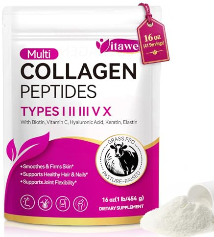 Multi Collagen Peptides Powder 16 oz (41 Servings) with Biotin,Vitamin C,Hyaluronic Acid,Keratin & Elastin,Grass Fed Collagen Supplements for Women and Men,Support for Joints,Hair,Nail and Skincare
