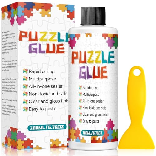 Jigsaw Puzzle Glue with Scraper, 200ml Puzzle Glue Clear, Easily Preserves Finished Puzzles for 3000/4500/5000 Pieces, Non-Toxic Puzzles Sealer for Children and Adults