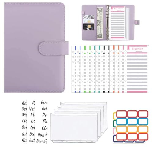 Dakuailo A6 Budgetplaner mit deutschen Budgetblättern, lila, 12 Taschen | A6 Budgetplaner auf Deutsch, Umschlagmethode für Bargeld, Sparbuch & Geldbörse mit Fächern, kompakt