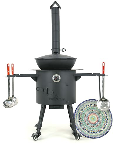 Feuerofen Utschak Ø 40cm mit Gusseisen Kazan 12L mit Rundem Boden | Usbekisches Outdoor Kazan-Set mit Deckel, Ablagen, Räder, Schaumlöffel, Lagan & Ofenplatte für Plov & Fleisch