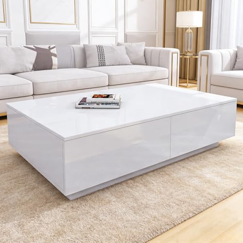 Senvoziii Couchtisch Weiß Hochglanz, Moderner Wohnzimmertisch mit 4 Schubladen, Rechteckiger Sofatisch für Wohnzimmer, Coffee Table 95x60x31 cm