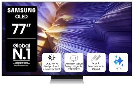 Samsung Vision AI Smart TV 77'' QE77S90FAEXZT OLED 4K, NQ4 AI Gen3 Processor & 4K AI Upscaling, Motion Xcelerator 144 Hz, Dolby Atmos & OTS Lite, Edizione speciale PACCHETTO INTRATTENIMENTO, 2025