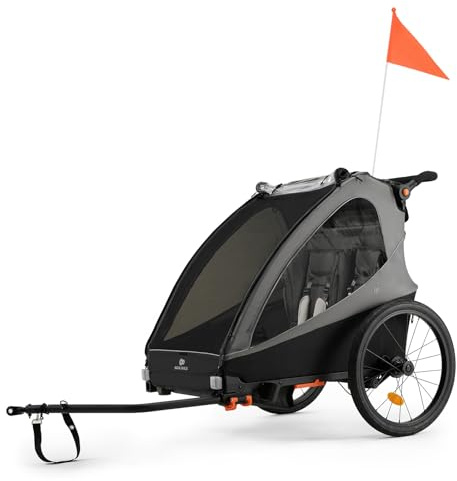 Kinderkraft NAVA Walk 2-in-1 Fahrradanhänger und Buggy für 2 Kinder, aufpumpbare Räder, verstellbare Federung, 9-Fach Verstellbarer Schiebegriff, UV-Schutz, Moskitonetz, wasserdicht, Grau
