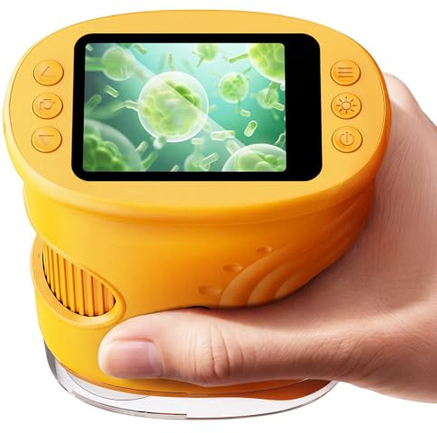 ASPOVEN Microscopio para Niños 1000X, Microscopio Digital Portátil con Pantalla IPS de 2 Pulgadas, 8 LED Ajustables, Función Foto y Video, Juguete Educativo para Niños y Niñas (Amarillo)