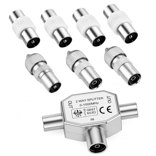 8Pcs Set TV Aerial Splitter, Polyethylene Silver Coaxial Way Connectors, 5.4cm Compact Adapter for Coaxial Cable TV Ariel Connections, 3-Way T-Shaped Television Signal Distribution Accessories