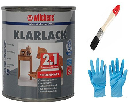 Kunstharzlack 2 in 1 für innen und außen inkl. Pinsel von E-Com24 (Klarlack 2 in 1 seidenmatt 750 ml)