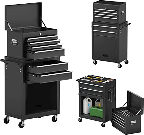Goplus Rolling Tool Chest, 6-Drawer Tool Box Organizer w/Auto Locking System & Lockable Wheels & Sliding Drawers & Detachable Top, Tool Storage Cabinet for Garage Workshop (Black) …