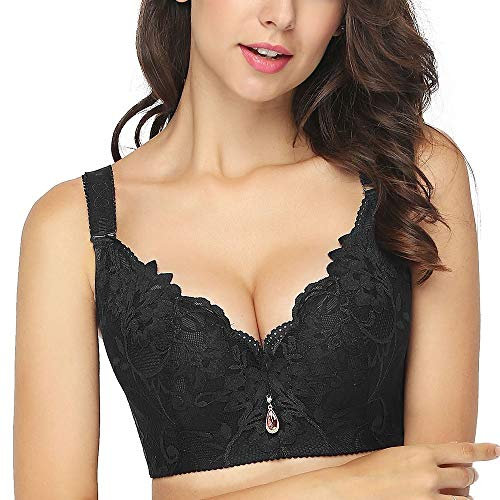FallSweet Plus Size Lace Bra C Cup Wide Back Push Up Brassiere for Women,Black 38C