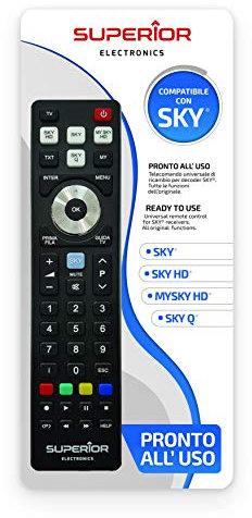 Superior Electronics SKY Replacement - Telecomando Universale Compatibile con Decoder SKY, My SKY, My SKY HD, SKY Q - Pronto all’Uso Senza Programmazione - Nero - SUPTRB027