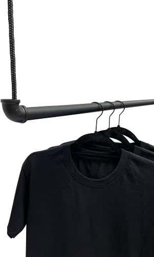 RSR Hangers Kleiderstange mit Seil Schwarz Garderobe Industrial Design Decke Seilzug hängend Deckenmontage | Breite 100 cm | Garderobenstange | Ankleidezimmer | Flur | begehbarer Kleiderschrank