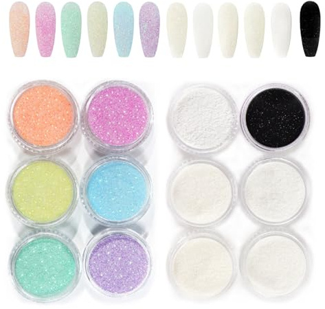 GZMAYUEN Efecto Azúcar Glitter para Uñas Blanco Negro Azúcar Polvo para Uñas 18Pcs Purpurina para Uñas Purpurina Polvo Brillantes Flakes Nail Art