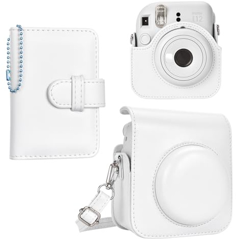 HIYQIN Housse pour Instax Mini 12, Étui pour Appareil Photo en Cuir PU de qualité supérieure avec bandoulière et Mini Album Photo pour Films instantanés de 3 Pouces (Blanc)
