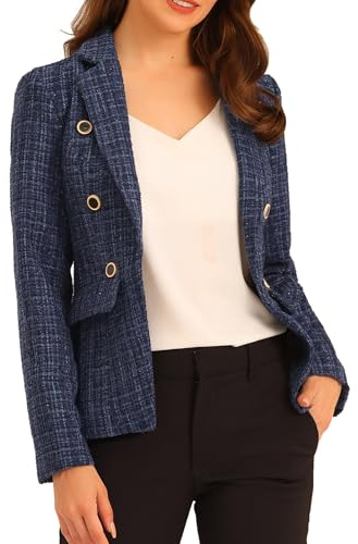 Allegra K Damen Elegant Plaid Jacke Langarm Open Front Tweed Blazer, dunkelblau, XS