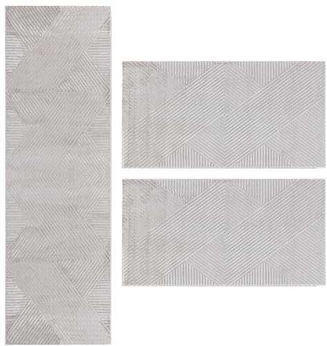 Carpetsale24 Bettumrandung Schlafzimmer 3 teilig Kurzflor Teppich Grau Bettvorleger Schlafzimmer Bettset: 2 St. 80x150 cm | 1 St. 80x250 cm - Skandinavischer Teppich Läufer Set Boho-Stil Einfarbig