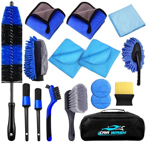 CLSK9° Car Cleaning Kit 16Pcs, Car Washing Kit with Cleaning Products, 36cm Long Wheel Brush, Interior Car Detailing Brushes with Car Wash Mitt, 600gsm Microfiber Towels with Windows Cleaner Set