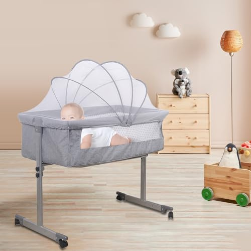 HUOLE Culla Neonato Fianco Letto per Cosleeping - Lettino con Materasso, Spondina Apribile, 4 Ruote e Borsa da Viaggio - 0-36 Mesi, 25 Kg -96 * 57 * 77 cm-grigio