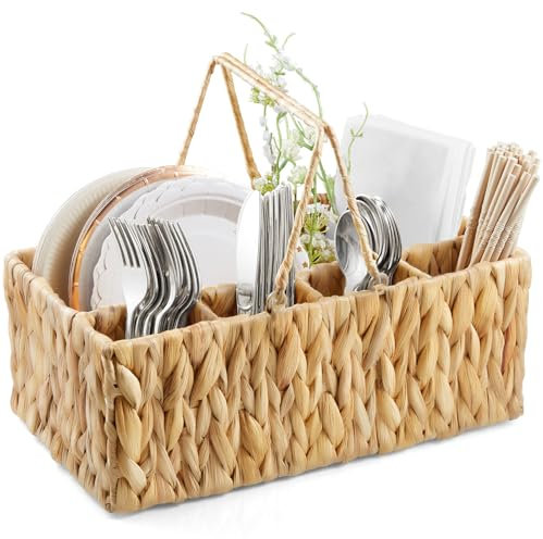 YCXNBHH Silverware Holder for Party, Wicker Utensil Caddy, Woven Picnic Caddy for Plates, Water Hyacinth Cutlery Basket, Hosting Essentials Organizer