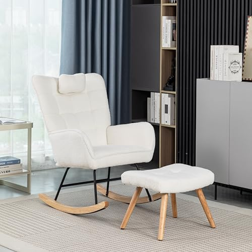 Merax Rocking Chair with Footstool, Soft Nursing Chair, Comfortable Wingback Reading Lounge, Single Recliner Casual Lounger, White