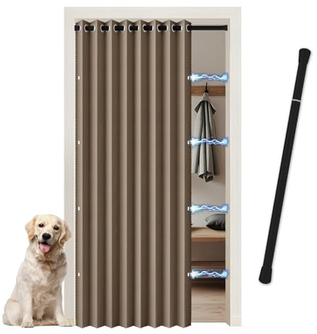 JCyh Cortina Plegable para Puerta con Barra Telescópica - Sin Perforaciones para Fácil Instalación - Cortina Opaca Magnética para Cocina, Separación de Ambientes, Dormitorio y Armario Abierto, Marrón