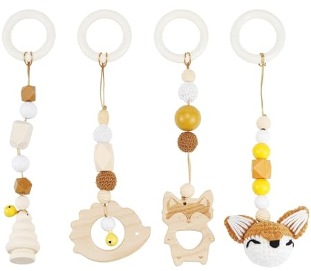 FENYW 4 Stück Spielbogen Baby Spielzeug ab 0 Monate, Anhänger Spielbogen, Anhänger für Spielbogen, Spielbogen Anhänger Holz für Mädchen Jungen, Braun