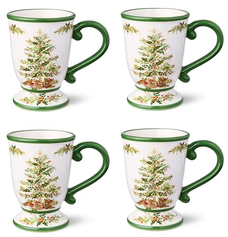 Holly Tree Weihnachtstassen – Set mit 4 Keramikbechern mit klassischem Baum-Design, spülmaschinenfest, gemütliches saisonales Trinkgeschirr für Kaffee, Tee und Kakao