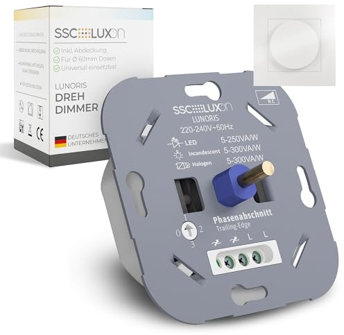 SSC-LUXon LUNORIS Universal Drehdimmer Unterputz 5-250W LED Halogen - Phasenabschnitt Dimmer 230V für Unterputzdose 60mm Abdeckung weiß