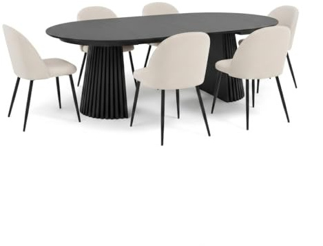 ebuy24 Tokyo Essgruppe 7-TLG. für 6 Personen – ausziehbarer Esstisch 120x120 cm (160/200) + 6 Polsterstühle Velours, Tischfarbe Schwarz + Stühle Beige – modernes Esszimmer-Set