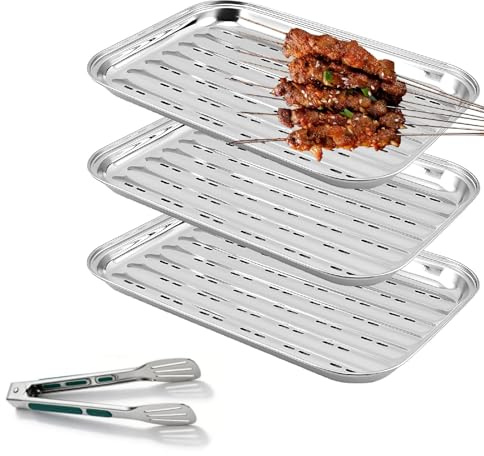 3 Stück BBQ Grillschalen aus Edelstahl Grillschale, 34.5 x 24.2 x 2.7 cm Grillpfanne Wiederverwendbare Grillkorb Gemüsekorb für Gemüse Fisch, Fleisch für Gas-, Elektro- und Holzkohlegrill (3)