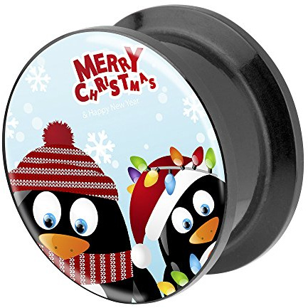 Piercingfaktor Ohr Plug Flesh Tunnel Piercing Ohrpiercing Kunststoff Schraub Schraubverschluß mit Picture Motiv Merry Christmas Pinguine