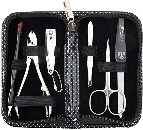 DREI SCHWERTER - Germany 6-tlg. Maniküreset 'Torino' | Set im Nageletui aus Kunstlackleder schwarz/weiss | Inhalt: Hautschere, Nagelknipser, Nagelzange, Pinzette, Saphirnagelfeile, Nagelhautentferner
