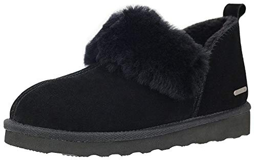 PAMIR Women's Genuine Suede Sheepskin Shearling Ankle Moccasin Bootie Slippers Boots Memory Foam Indoor/Outdoor Black 9 M US