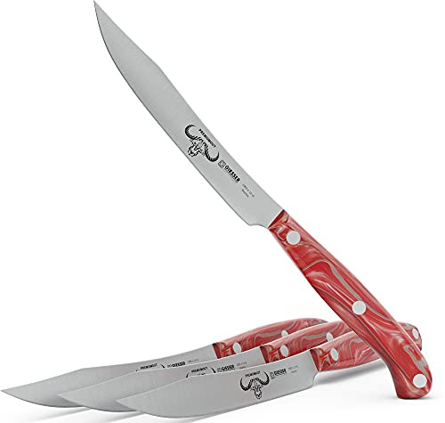 Giesser seit 1776 - Made in Germany - Steakmesser 4er Set Red Diamond, Klinge 12 cm, PremiumCut Steak No 1, Acryl, rot, rostfrei, deutsches Grillmesser scharf