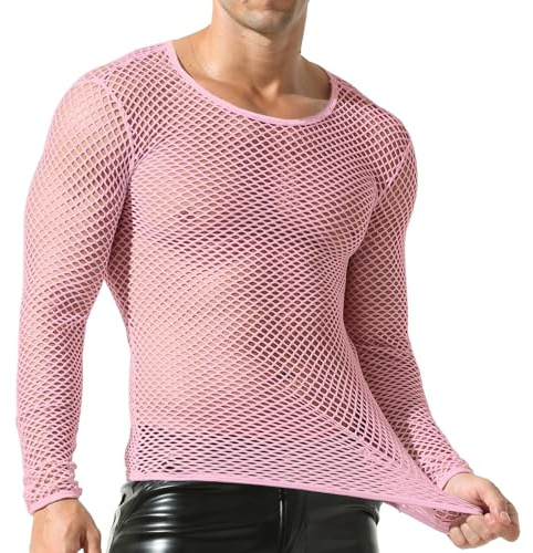 Herr mesh fisknät genomskinlig långärmad t-shirt muskel transparent skjortor långärmad nät undertröja, A#rosa, L