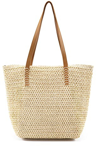 Faletony Summer Beach Bags Woven Bag for Women Straw Tote Bag Handbag Market Shopping Travel Holiday Shoulder Bag with Zip, Leather Handles Large Beige