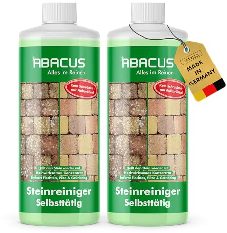 ABACUS® Steinreiniger, selbsttätiger Algenentferner & Flechtenentferner für Stein & Pflaster, 40% Wirkstoff, gegen Flechten & Algen auf Pflastersteinen & Steinplatten – Steinreiniger 2x 1000 ml (8092)