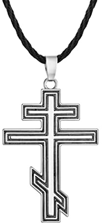 LUTAKU Russische Orthodoxe Kreuz Halskette Vintage Herren Halskette Byzantinisches Kreuz Anhänger Zweiteiliges christliches Kreuz Schwarz Lederkette Amulett Schmuck